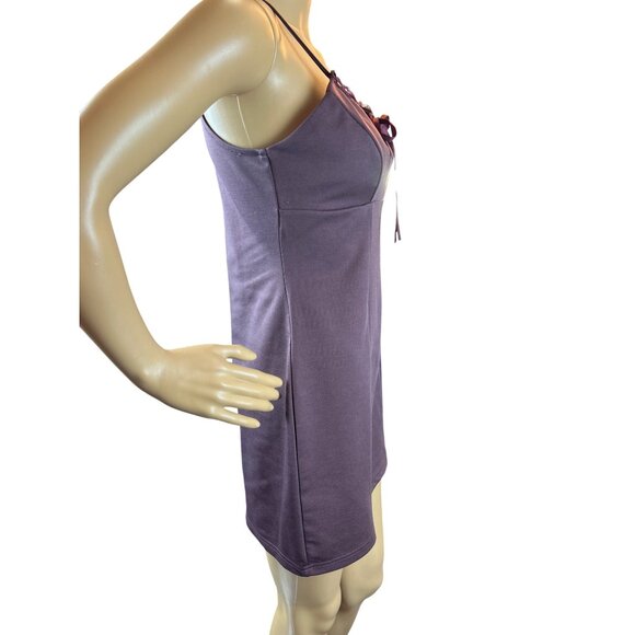 Sleeveless Slotted Ribbon Lace Trim Mini Dress Purple Bella Swan Dark Y2k - Picture 3 of 5